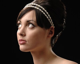 Crystal and Pearl Wedding Headband, Double Wedding Headband, Crystal and Pearl Wedding Headpiece, Reese Wedding Headband, Wedding Tiara