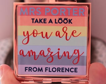 Personalised Custom Teacher Compact Mirror, Rainbow Compact Mirror, Personalised Teacher Gifts, Personalised Gifts For Female Teachers