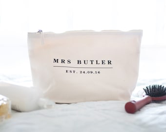 Personalised Mrs. Wedding Date Wash Bag: Cotton Canvas Makeup Bag
