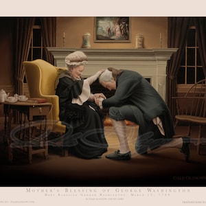 Puede incluir: Una pintura que representa a una mujer con un gorro blanco y un vestido negro bendiciendo a un hombre arrodillado ante ella. La escena se desarrolla en una habitaci&oacute;n con una chimenea y una ventana. La pintura se titula "Bendici&oacute;n maternal de George Washington" e incluye el texto "Mary Blessing George Washington, March 12, 1789".