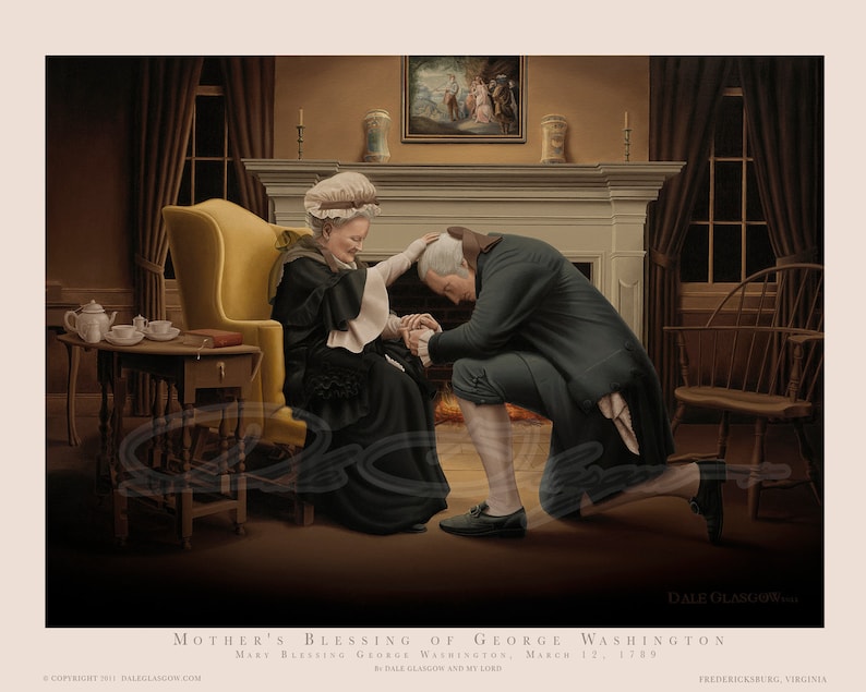Puede incluir: Una pintura que representa a una mujer con un gorro blanco y un vestido negro bendiciendo a un hombre arrodillado ante ella. La escena se desarrolla en una habitaci&oacute;n con una chimenea y una ventana. La pintura se titula "Bendici&oacute;n maternal de George Washington" e incluye el texto "Mary Blessing George Washington, March 12, 1789".