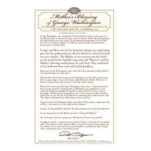 Puede incluir: Una ilustraci&oacute;n de estilo vintage de George Washington y su madre, Mary, con texto sobre su relaci&oacute;n y su fe. La ilustraci&oacute;n est&aacute; en un esquema de color marr&oacute;n y blanco con un borde decorativo.