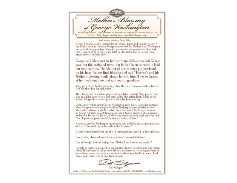 Puede incluir: Una ilustraci&oacute;n de estilo vintage de George Washington y su madre, Mary, con texto sobre su relaci&oacute;n y su fe. La ilustraci&oacute;n est&aacute; en un esquema de color marr&oacute;n y blanco con un borde decorativo.