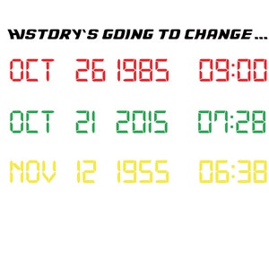 May include: A digital clock display showing three different dates and times. The first date is October 26, 1985 at 09:00. The second date is October 21, 2015 at 07:28. The third date is November 12, 1955 at 06:38. The text "WSTORY'S GOING TO CHANGE..." is displayed above the dates.