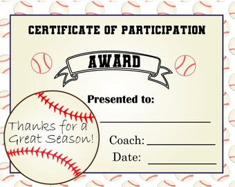Baseball Softball Tball certificates end of season participation awards
