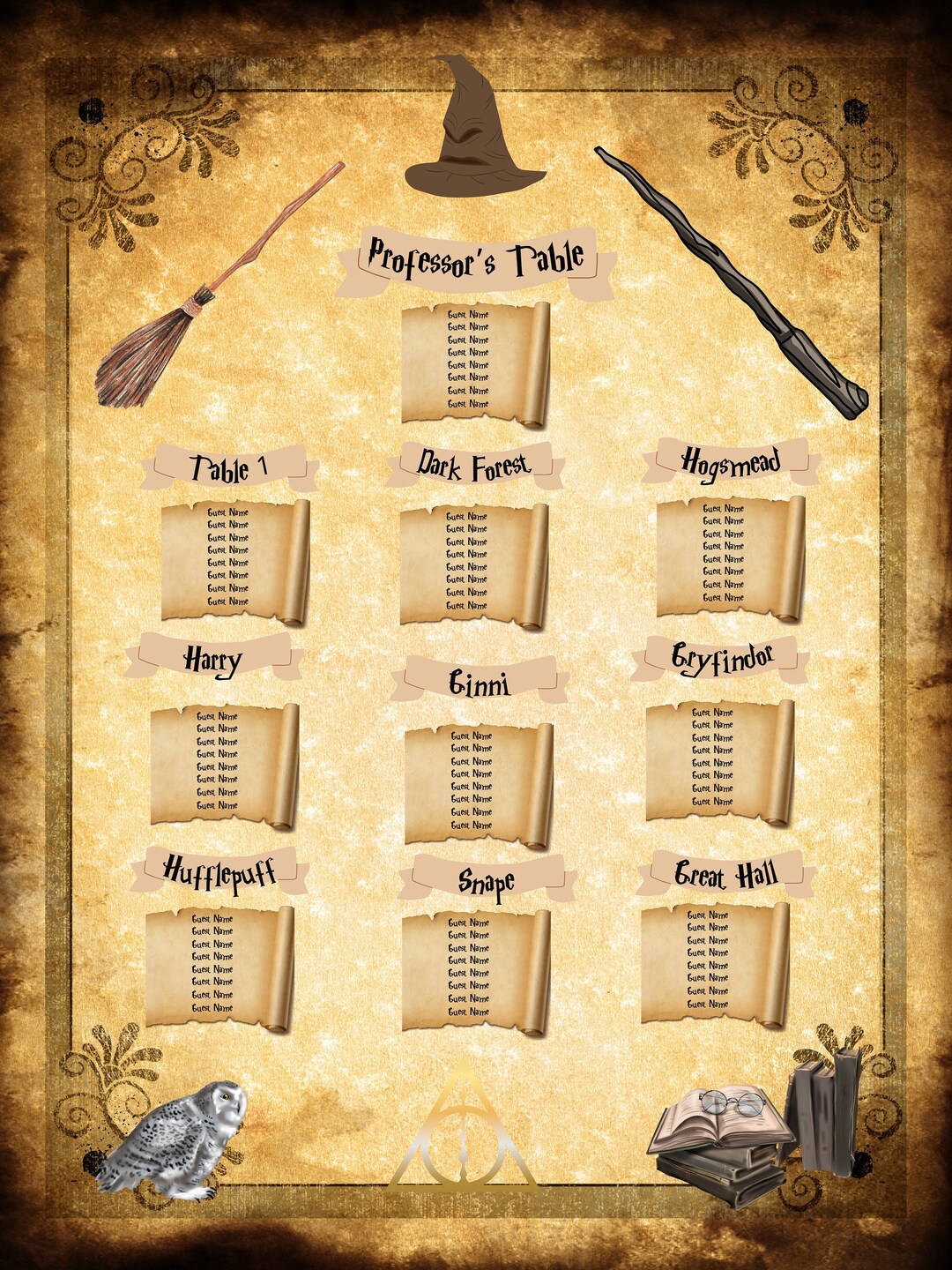 Seating Chart for Wedding or Party Editable Template Magic and Wizards