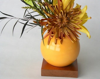 deep yellow vase, ceramic and wood vase, Ceramic Vase, Bud Vase, Pottery Vase, Modern, Mother's Days Gift, Wedding Gift, small vase