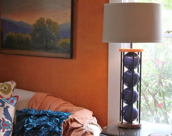 Blue table lamp. Modern lighting,  wood lamp, bedside lamp, ceramic lamp, desk lamp, modern ceramic lamp. Handmade lighting, metal lamp.