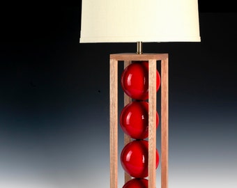 red table lamp. Modern lighting,  wood lamp, bedside lamp, ceramic lamp, desk lamp, modern ceramic lamp. Handmade lighting, metal lamp.