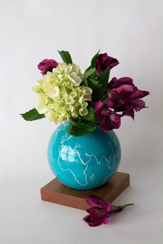 Globe Vase Teal Blue Vase Ceramic Wood Vase Ceramic Vase Etsy