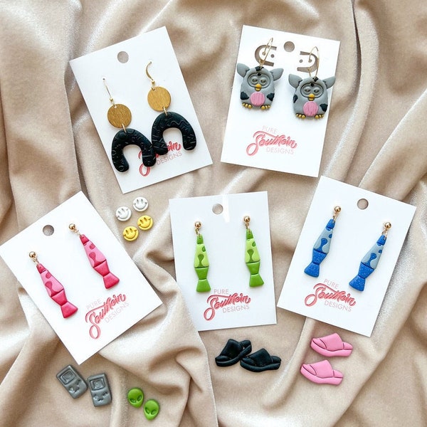 90's Themed Collection | Handmade Clay Earrings | Clay Earrings | 90's Themed Earrings | Lava Lamp | Furby | Gameboy | Platform Shoes | 90's