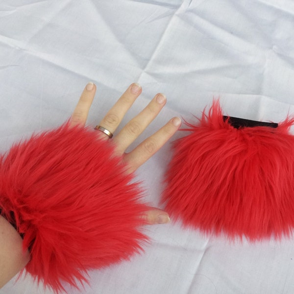 Red Furry Wrist Cuffs Red Fuzzy Rave Wear Cuffs Furries Cosplay