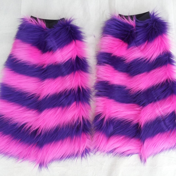 Pink Purple Cheshire Cat Fluffies Pink Purple Striped Fuzzy Leg Warmers Cheshire Cat Furry Legwarmers Alice in Wonderland Cosplay Rave Wear