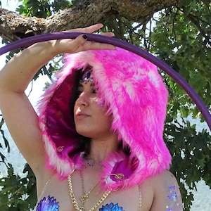 Hot Pink Frost Furry Hood: Reversible Phoenix Dragon Rave Hat