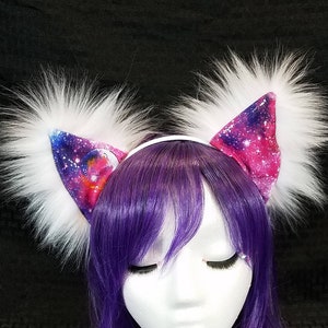 Galaxy Kitty Ears Fuzzy White Cosplay Ears Furry Galaxy Cat Ears Purple Pink Kitten Ears Pink Purple Rave Wear Fluffy Kitty Cat Ears