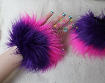 Purple Pink Cheshire Cat Furry Wrist Cuffs Pink Purple Striped Fuzzy Hand Fuzzies Cheshire Cat Cosplay Alice in Wonderland Hand Fluffies