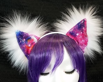 Galaxy Kitty Ears Fuzzy White Cosplay Ears Furry Galaxy Cat Ears Purple Pink Kitten Ears Pink Purple Rave Wear Fluffy Kitty Cat Ears