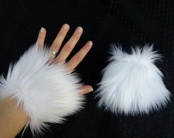 White Fluffy Wrist Cuffs White Fuzzy Hand Covers White furry Wrist Covers White Hand Fluffies Cosplay Cuffs White Hand Warmers Cat Unicorn