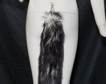 Black Frost Furry Cat Tail Black White Fluffy Fox Cosplay Tail Black Fuzzy Rave Tail Black Kitty Tail Fluffy Black Faux Fur Kitten Play Tail