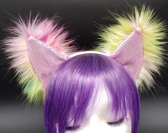 Pink Rainbow Fuzzy Kitty Cat Rave Ears