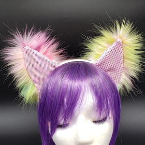 Pink Rainbow Fuzzy Kitty Cat Rave Ears