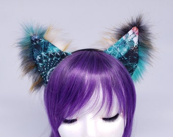 Teal Green Fractal Fuzzy Kitty Cat Rave Ears