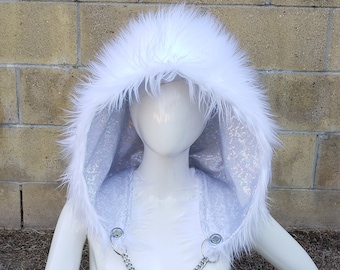 White Fluffy Assassin Hood Silver Holo Sparkle Reversible Hood White Furry Rave Hat Silver White NYE Fuzzy Hood New Years Rave Outfit