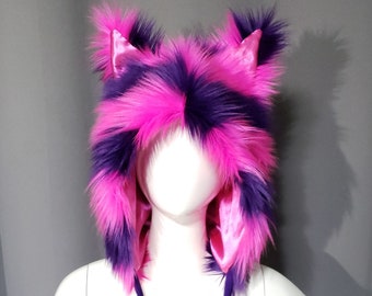 Pink Purple Cheshire Cat Furry Hat Purple Pink Striped Fluffy Rave Hat Fuzzy Cat Hood Alice in Wonderland Cosplay Kitty Rave Wear