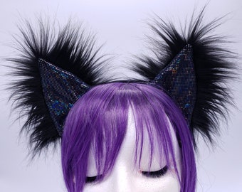 Black Rainbow Sparkle Fluffy Kitty Cat Ears