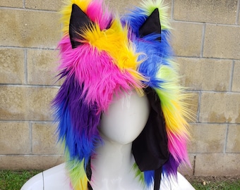 Rainbow Fluffy Kitty Hat Bright Rainbow Custom Fuzzy Animal Hood Rainbow Furry Cat Rave Hat Rainbow Neko Cosplay Rainbow Cheshire Cat Pride