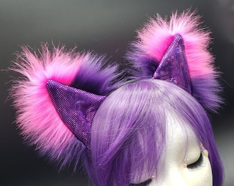 Pink Purple Striped Furry Cheshire Cat Ears Fuzzy Sparkle Kitty Rave Outfit Alice in Wonderland Fluffy Cat Cosplay Outfit Ears on Headband