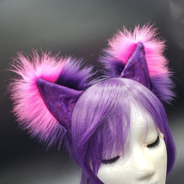 Pink Purple Striped Furry Cheshire Cat Ears Fuzzy Sparkle Kitty Rave Outfit Alice in Wonderland Fluffy Cat Cosplay Outfit Ears on Headband