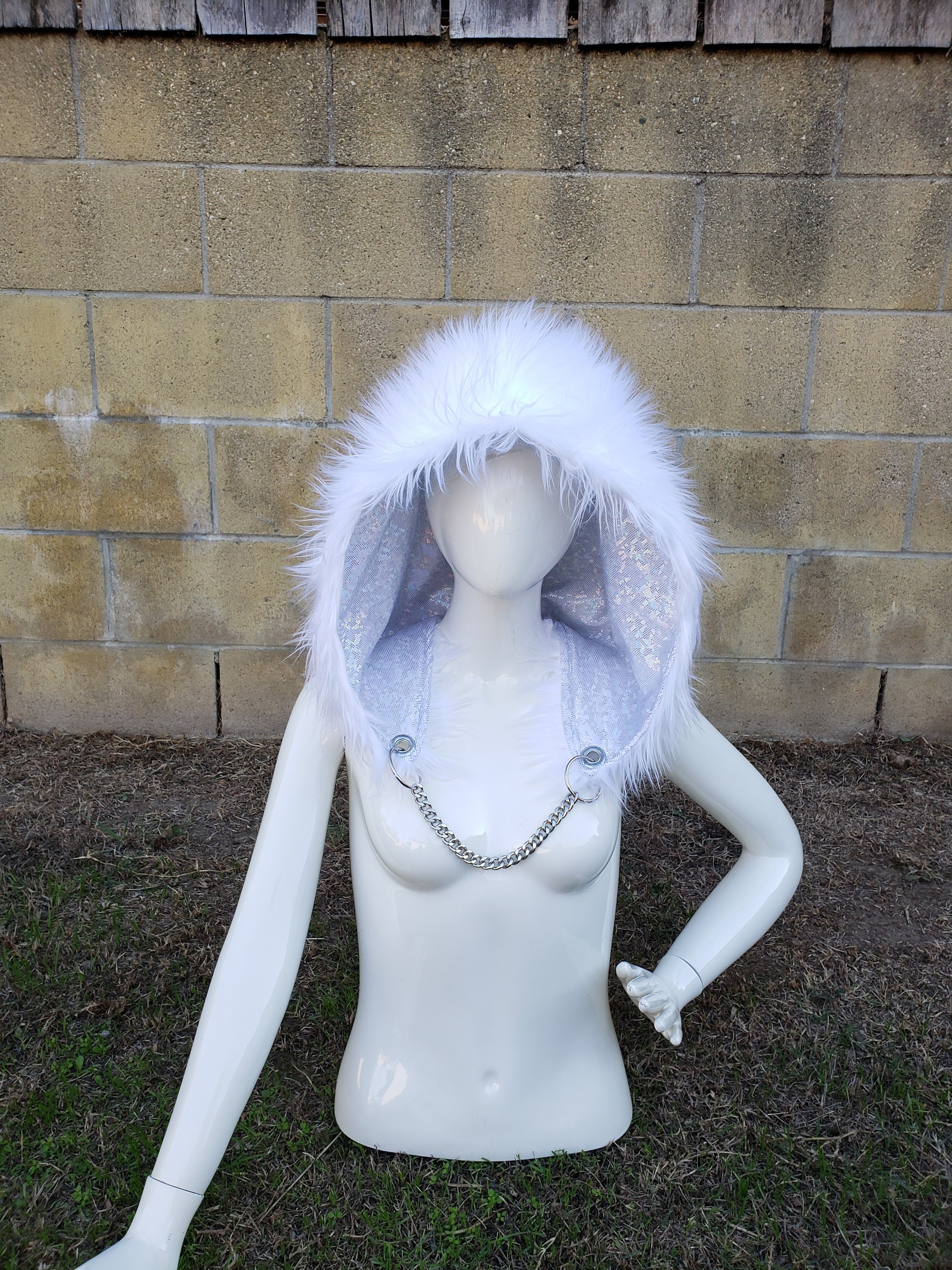 White Fluffy Furry Hood: Silver Holo Rave Outfit