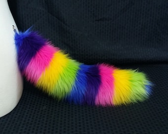 Rainbow Stripe Furry Tail: Fluffy Animal Costume Tail Custom Sizing
