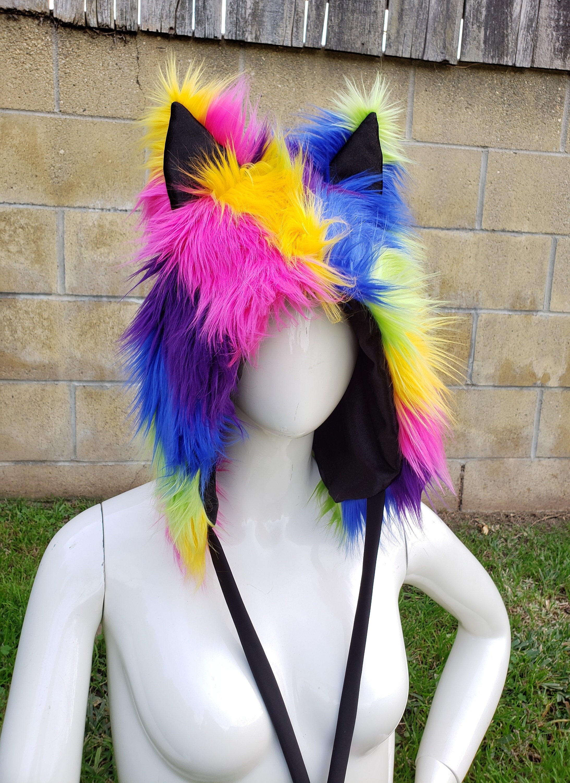 Rainbow Fluffy Kitty Hat: Furry Neko Cosplay Rave Hood - Etsy