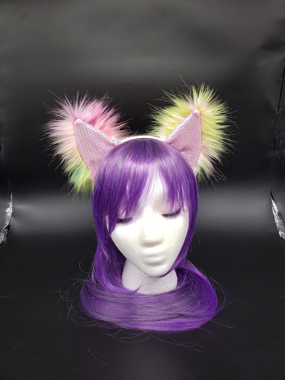 Pink Rainbow Fuzzy Kitty Cat Rave Ears - Etsy