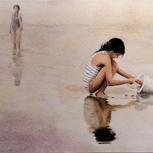 Acquerello originale. Madre e figlia sulla spiaggia. NO PRINT.