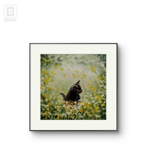 Dipinto acquerello originale. Gattino nero in un campo di fiori. NO PRINT. Opera d'arte per arredare la tua casa