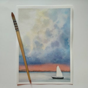 BARCA #1. Acquerello originale. Barca a vela al tramonto con cielo nuvoloso NO PRINT