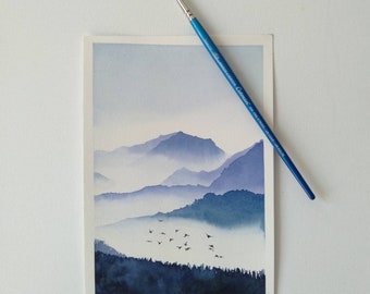 Mountain foggy landscape - original watercolor painting - NO PRINTS