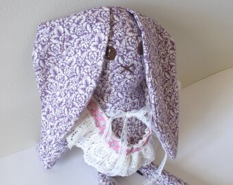 Bunny Doll- Bunny Plush- Purple Floral Print- Cotton Doll - Cottage Core Decoration