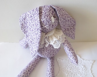 Bunny Doll - Purple and White Floral Print - Cotton Doll - Cottage Core Bedroom Decor