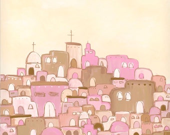 May include: A digital painting of a pink and brown city with a cross on top of one of the buildings. The city is painted in a whimsical style with rounded shapes and simple details.