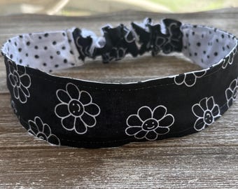 Black Flower Reversible Headband, Headband for Women, Fabric Headband, Adult Headband, Girls Headband, Accessory, Boho Headband