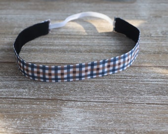 Blue Brown Plaid Headband, Headbands for Women, No Slip Headband, Sports Headband, Adult Headband, Girls Hair Bands, Gifts for Women