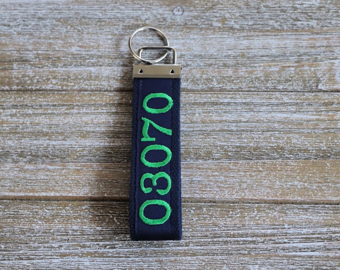 Zip Code Keychain, Embroidery Keychain, Personalized Key Fob