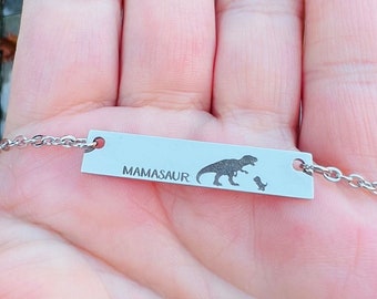 Mamasaur and her little stainless steel necklace, family necklace, engraved dinosaur pendant, gift for mom, Minimalist necklace