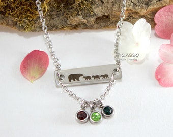 Mama bear, Mama bear and her cubs necklace in stainless steel with birthstones, family necklace, mom, engraved bear pendant