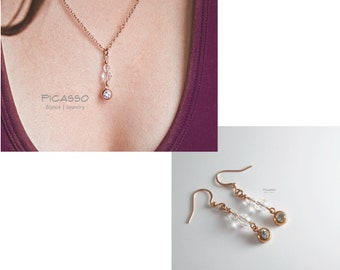 Rose gold set, necklace and earrings with clear Swarovski, to wear every day, women's gift, Christmas and birthday gift