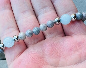 Aquamarine and Fossil Bracelet, Everyday Bracelet, Stretch Bracelet, Stainless Steel, Semi-precious, From Self to Self